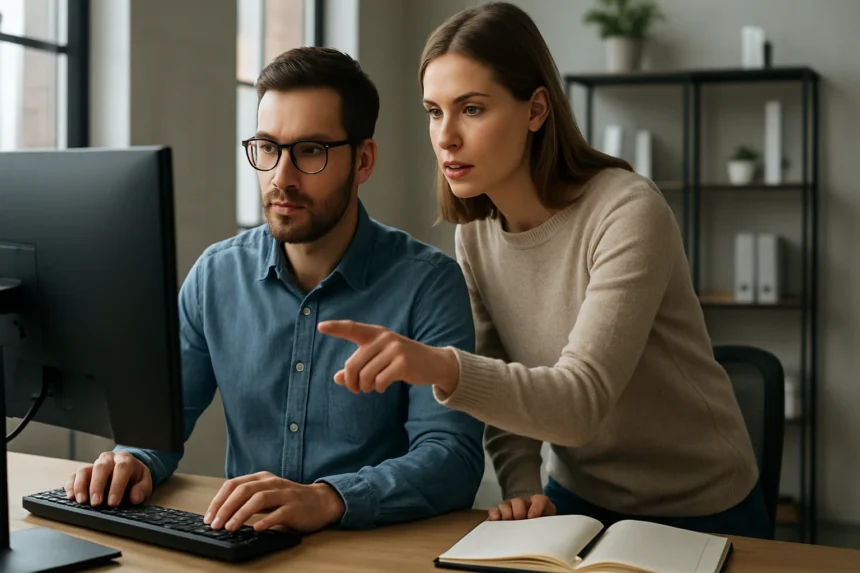 Két szakember számítógépen dolgozik, IT oktatás közben.