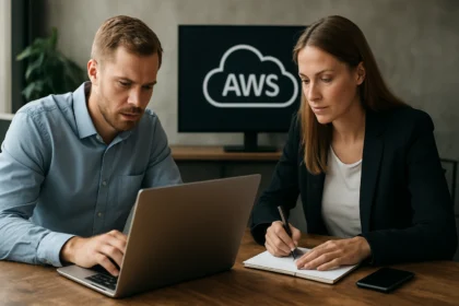 Két szakember az AWS felhőplatformmal kapcsolatos munkán dolgozik.