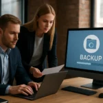 Két szakember adatmentést végez számítógépeken.