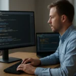 Fejlesztő Java kódot ír képernyőn, háttérben programozás eszközökkel.