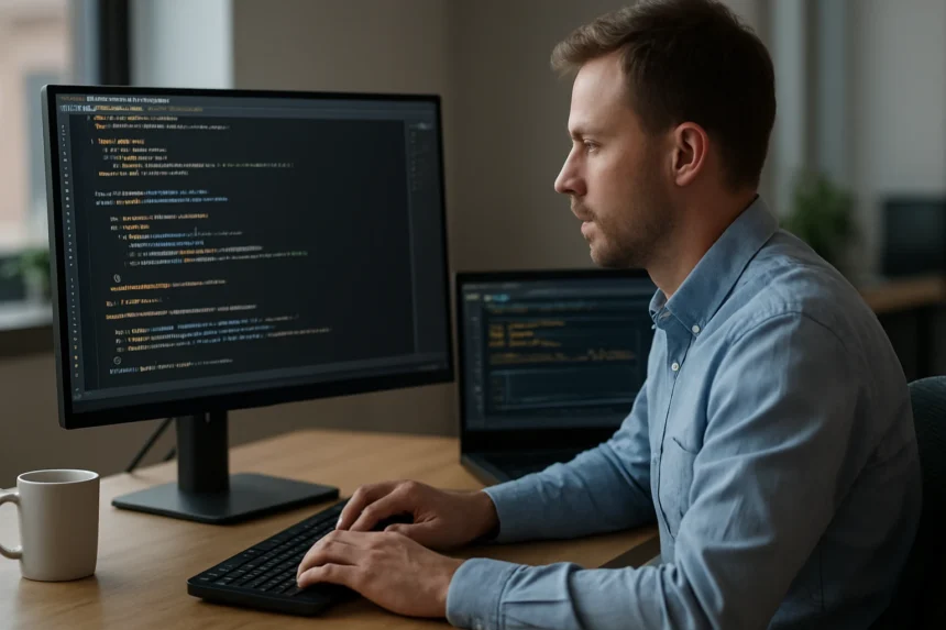 Fejlesztő Java kódot ír képernyőn, háttérben programozás eszközökkel.