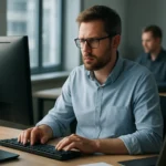 Férfi dolgozik számítógépen irodai környezetben, STP-ismeretek.