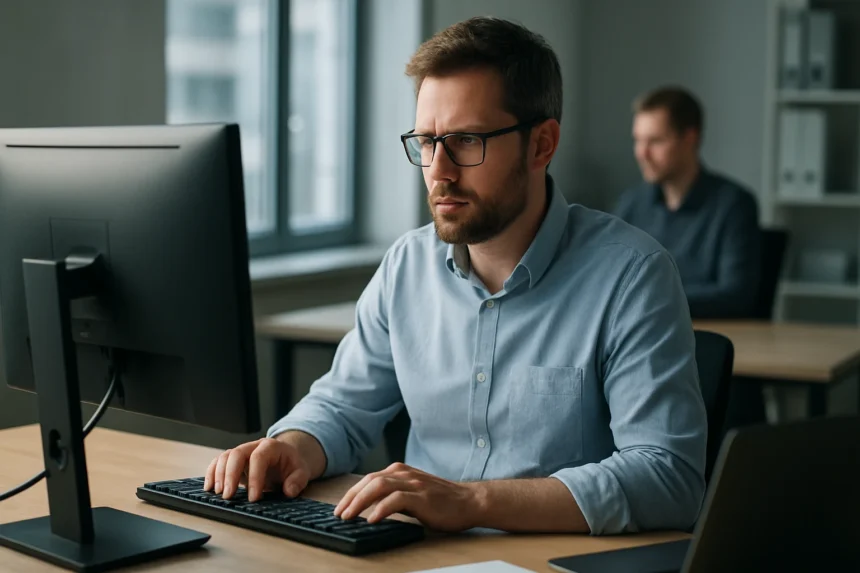 Férfi dolgozik számítógépen irodai környezetben, STP-ismeretek.