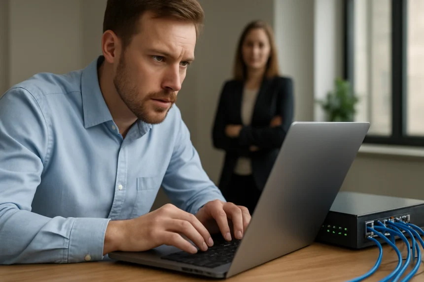 Technikai szakember hálózati teljesítményt analizál laptopon.