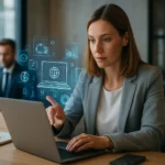 Nő digitális transzformációt képviselő technológiával dolgozik laptopján.