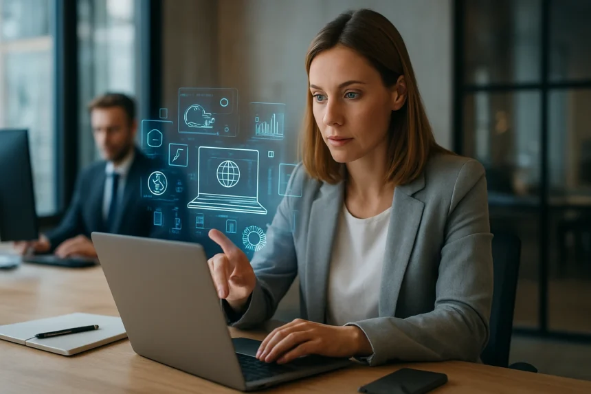 Nő digitális transzformációt képviselő technológiával dolgozik laptopján.