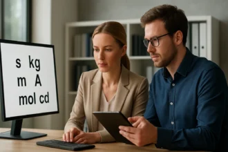 Két ember a Nemzetközi Mértékegységrendszerről informatikai munka során.