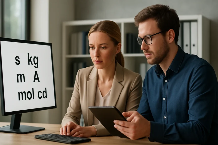 Két ember a Nemzetközi Mértékegységrendszerről informatikai munka során.