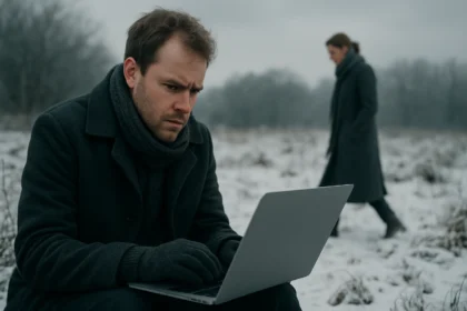 Téli tájban dolgozó férfi laptopon, múló mesterséges intelligencia időszak.