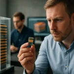 Férfi 3D NAND flash memória chipet tanulmányoz, háttérben memóriacellák tárolója.