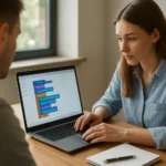 Fiatal nő blokkalapú kódolást tanít laptopon.