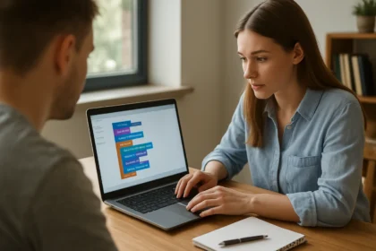 Fiatal nő blokkalapú kódolást tanít laptopon.