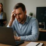 Hálózati downtime hatásait mérlegelő férfi az irodában.