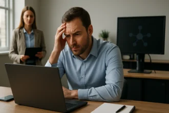 Hálózati downtime hatásait mérlegelő férfi az irodában.