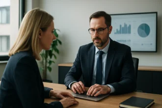 Két szakember beszélget egy modern irodában.