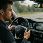 Autóvezető használ ADAS funkciókat a biztonságos közlekedéshez.