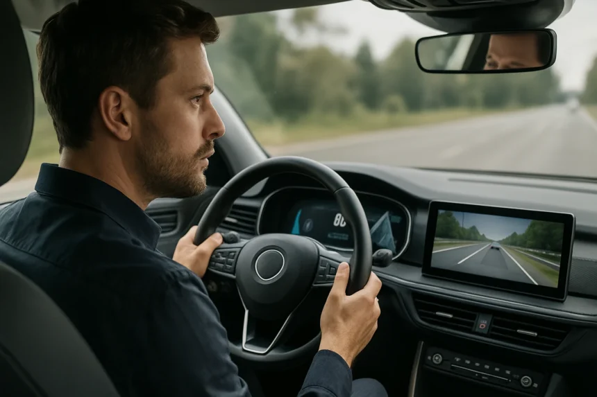Autóvezető használ ADAS funkciókat a biztonságos közlekedéshez.