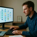 Férfi, aki dekonvolúciós hálózatok diagramját nézi számítógépen.