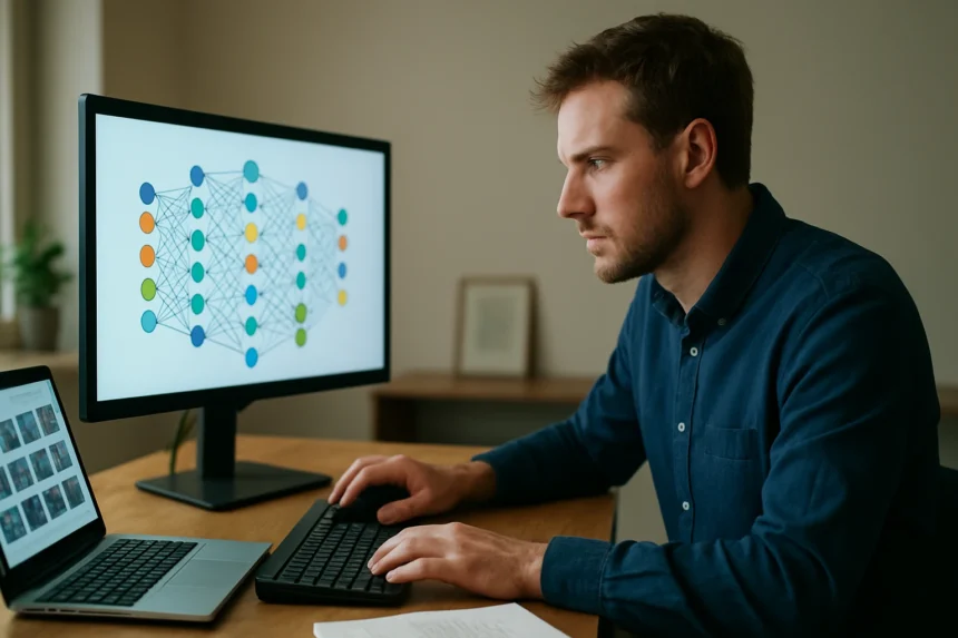 Férfi, aki dekonvolúciós hálózatok diagramját nézi számítógépen.