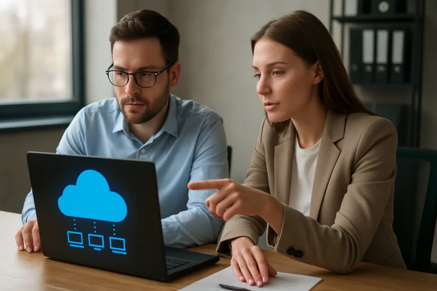 Két szakember az Azure Migrate szolgáltatással foglalkozik a felhő migráció során.