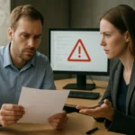 Két szakember a sérülékenység bejelentéséről beszél egy számítógép előtt.