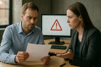 Két szakember a sérülékenység bejelentéséről beszél egy számítógép előtt.