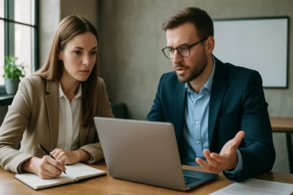 Két szakember áttekinti a szolgáltatási szint célkitűzéseit egy laptopon.