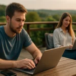 Digitális nomádok dolgoznak szabadban laptopon