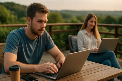 Digitális nomádok dolgoznak szabadban laptopon