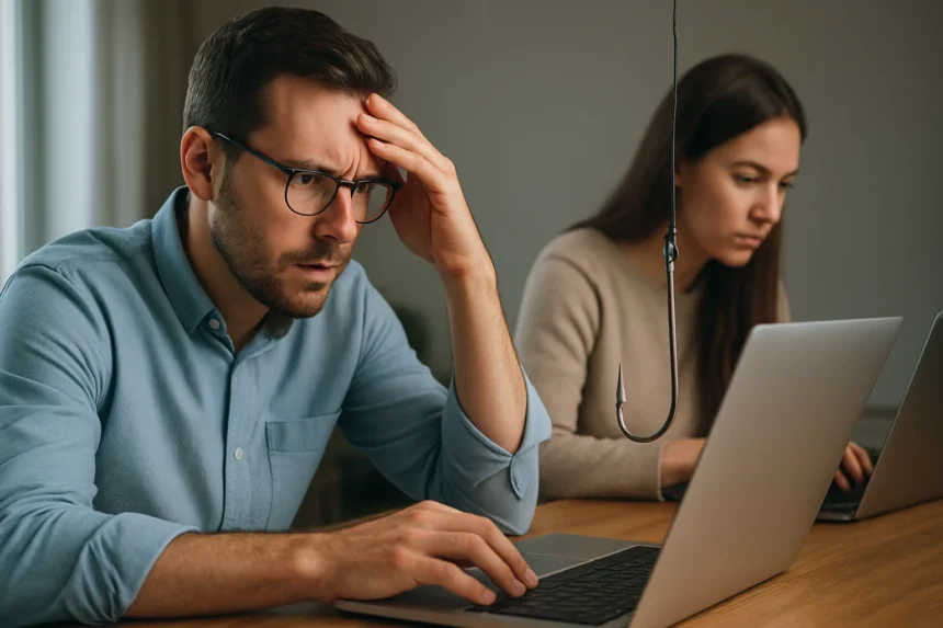 Felnőttek, akik adathalász csalást észlelnek számítógép előtt