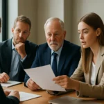 Üzleti megbeszélés a szervezeti változásmenedzsment témájában.