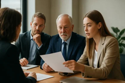 Üzleti megbeszélés a szervezeti változásmenedzsment témájában.