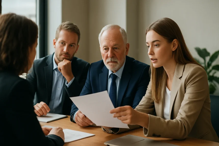 Üzleti megbeszélés a szervezeti változásmenedzsment témájában.