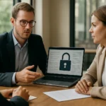 Adatkezelési megbeszélés videokonferencián, adatvédelem és biztonság.