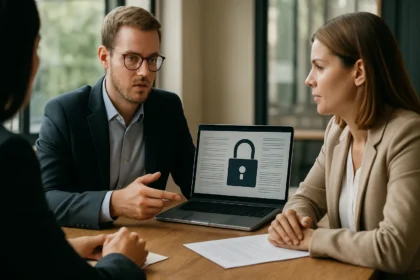 Adatkezelési megbeszélés videokonferencián, adatvédelem és biztonság.