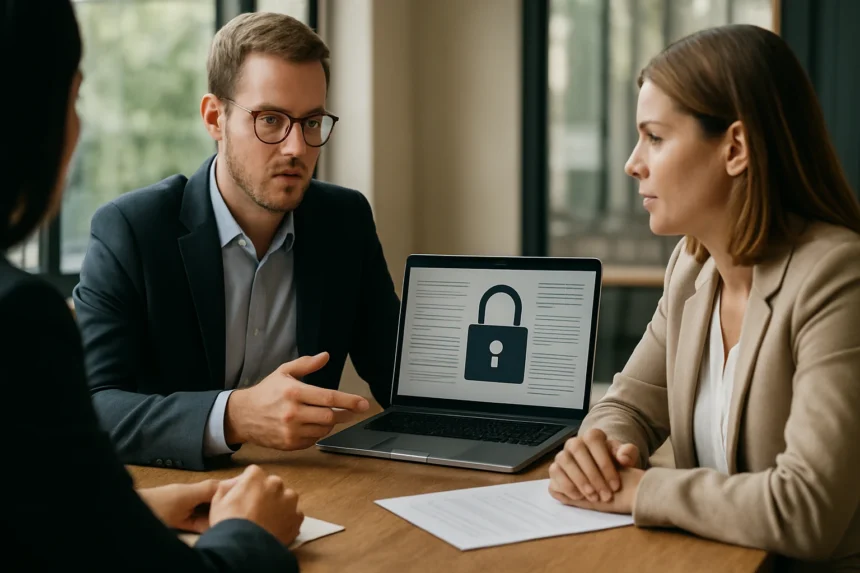 Adatkezelési megbeszélés videokonferencián, adatvédelem és biztonság.