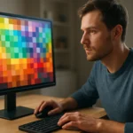 Férfi számítógép előtt, színes pixelmátrixot néz.