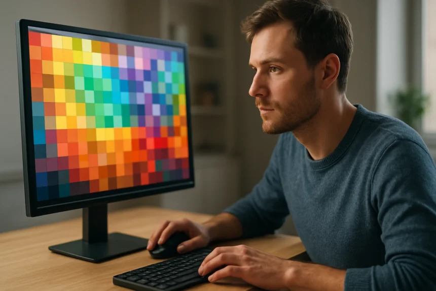 Férfi számítógép előtt, színes pixelmátrixot néz.