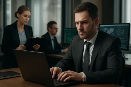 Kiberbiztonsági szakemberek munka közben számítógépekkel.