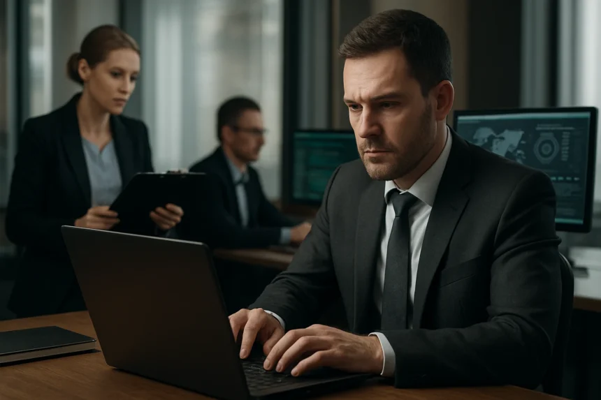 Kiberbiztonsági szakemberek munka közben számítógépekkel.