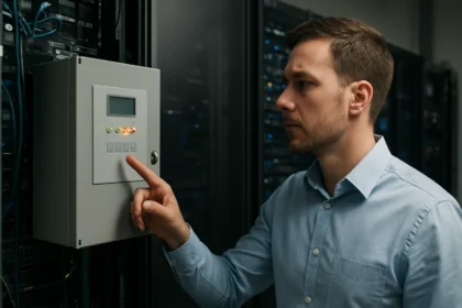 Férfi az automatikus átkapcsoló (ATS) vezérlőpaneljénél