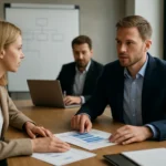 Üzleti meeting két szakemberrel, célok és teljesítménymérés tárgyalásán.