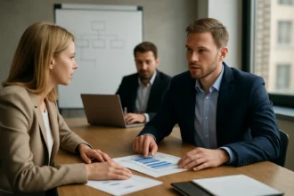 Üzleti meeting két szakemberrel, célok és teljesítménymérés tárgyalásán.