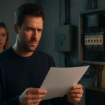 Szomorú férfi dokumentumot olvas a villamosenergia elosztási táblánál.