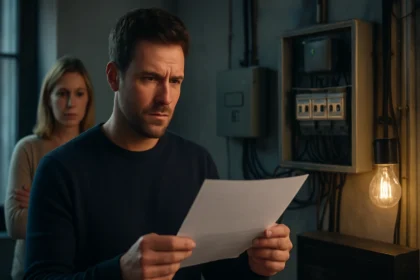 Szomorú férfi dokumentumot olvas a villamosenergia elosztási táblánál.