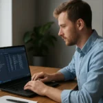 Férfi programozó dolgozik az Azure Data Studio alkalmazásban