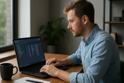 Férfi programozó dolgozik az Azure Data Studio alkalmazásban