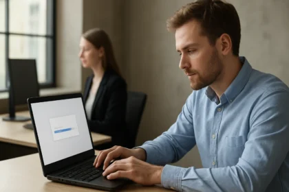 Felhasználó csendes telepítés folyamatában a laptop előtt