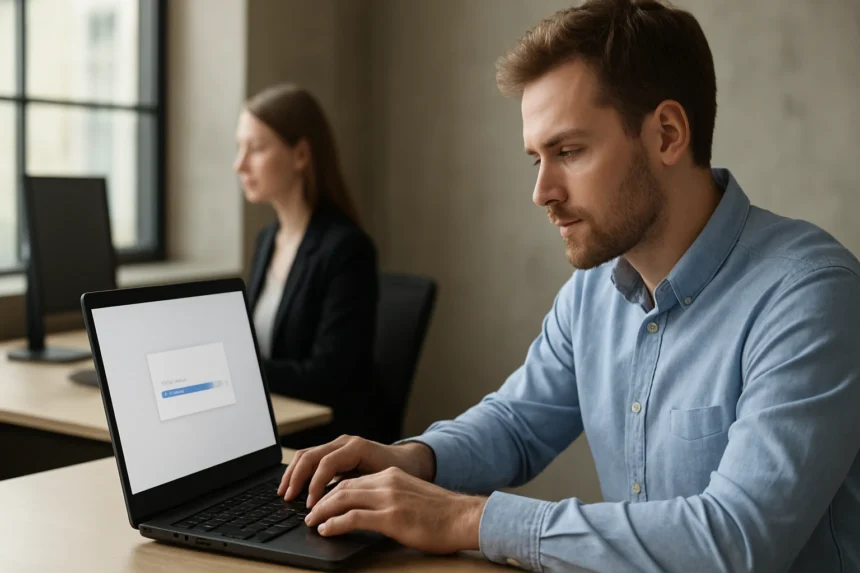 Felhasználó csendes telepítés folyamatában a laptop előtt