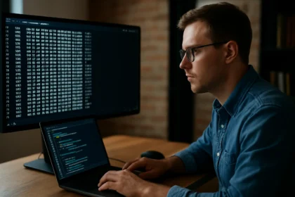 Fejlesztő bájtkódot ír egy laptopon, háttérben kódolt kimenettel.